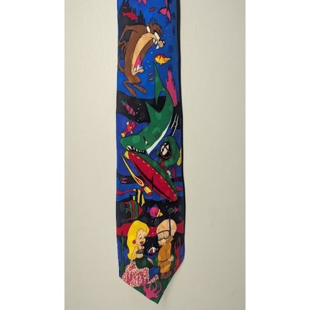 Vintage Looney Tunes Mania Neck Tie Elmer Mermaid Marvin Taz Bugs Silk Korea '93